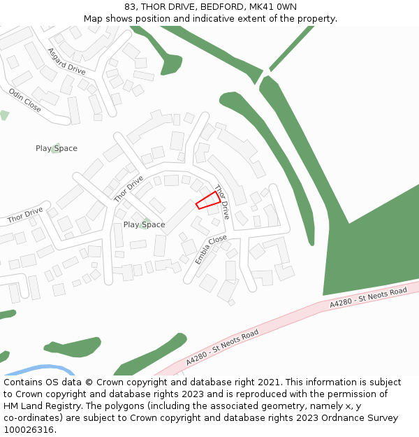 83, THOR DRIVE, BEDFORD, MK41 0WN: Location map and indicative extent of plot