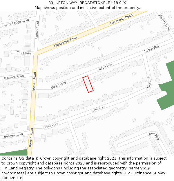 83, UPTON WAY, BROADSTONE, BH18 9LX: Location map and indicative extent of plot