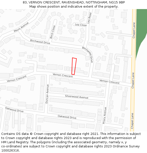 83, VERNON CRESCENT, RAVENSHEAD, NOTTINGHAM, NG15 9BP: Location map and indicative extent of plot