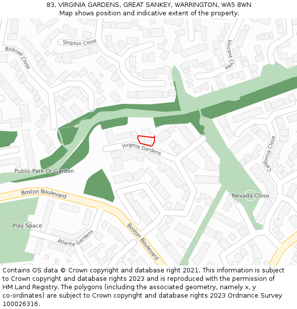 83, VIRGINIA GARDENS, GREAT SANKEY, WARRINGTON, WA5 8WN: Location map and indicative extent of plot
