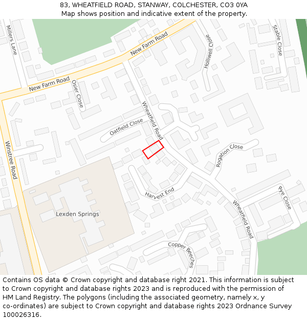 83, WHEATFIELD ROAD, STANWAY, COLCHESTER, CO3 0YA: Location map and indicative extent of plot