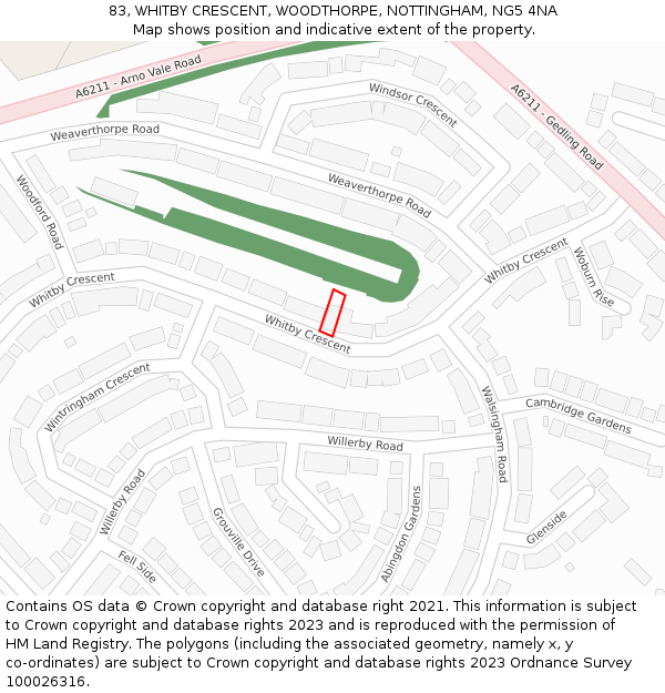 83, WHITBY CRESCENT, WOODTHORPE, NOTTINGHAM, NG5 4NA: Location map and indicative extent of plot