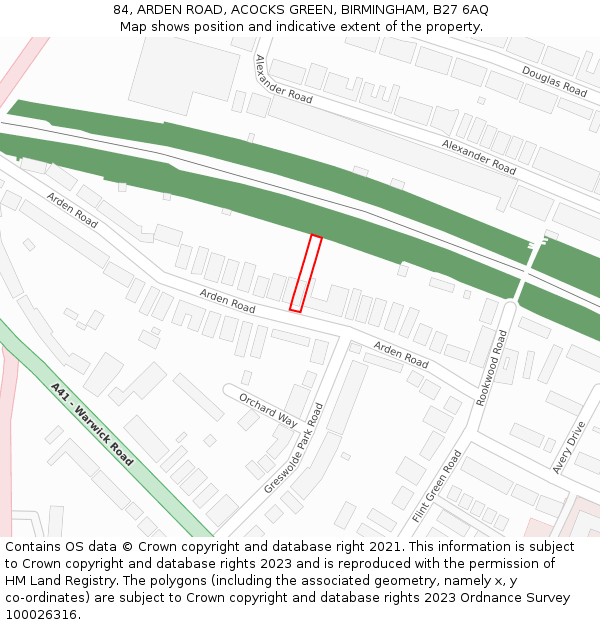 84, ARDEN ROAD, ACOCKS GREEN, BIRMINGHAM, B27 6AQ: Location map and indicative extent of plot