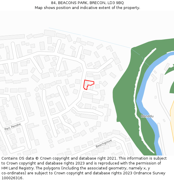 84, BEACONS PARK, BRECON, LD3 9BQ: Location map and indicative extent of plot