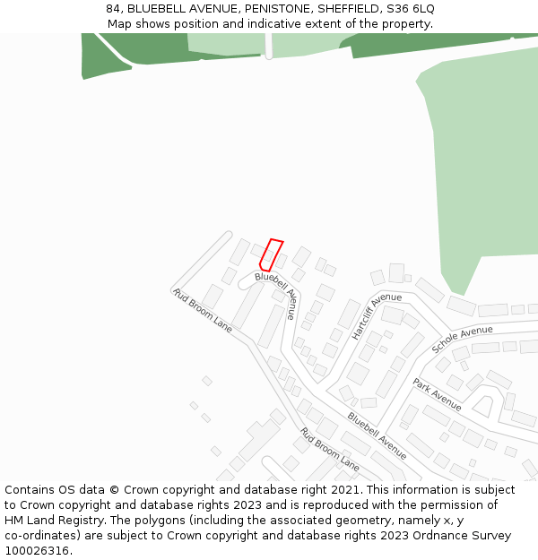 84, BLUEBELL AVENUE, PENISTONE, SHEFFIELD, S36 6LQ: Location map and indicative extent of plot