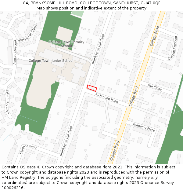 84, BRANKSOME HILL ROAD, COLLEGE TOWN, SANDHURST, GU47 0QF: Location map and indicative extent of plot