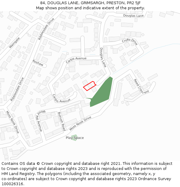 84, DOUGLAS LANE, GRIMSARGH, PRESTON, PR2 5JF: Location map and indicative extent of plot
