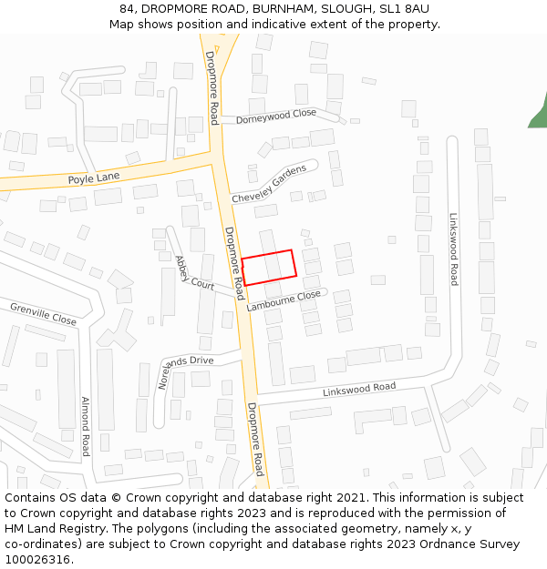 84, DROPMORE ROAD, BURNHAM, SLOUGH, SL1 8AU: Location map and indicative extent of plot
