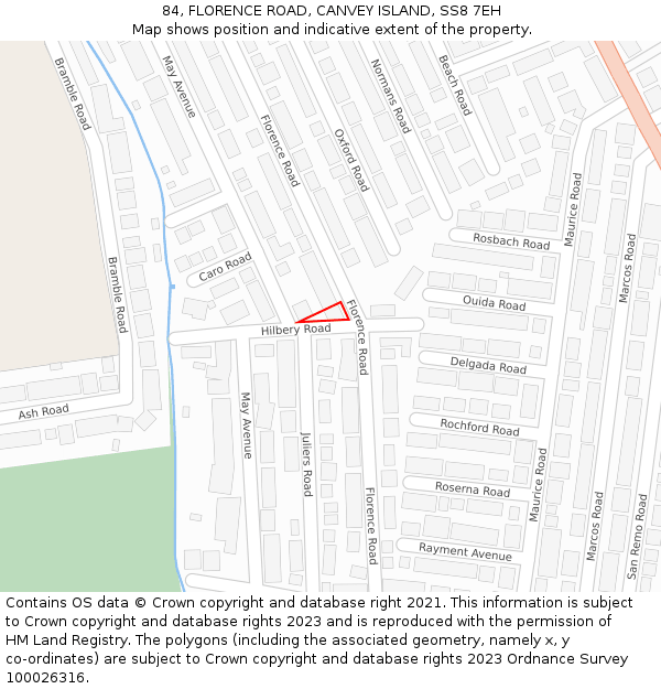84, FLORENCE ROAD, CANVEY ISLAND, SS8 7EH: Location map and indicative extent of plot