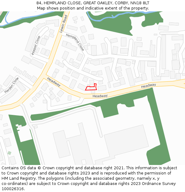84, HEMPLAND CLOSE, GREAT OAKLEY, CORBY, NN18 8LT: Location map and indicative extent of plot