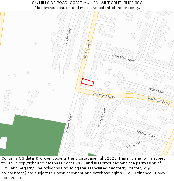 84, HILLSIDE ROAD, CORFE MULLEN, WIMBORNE, BH21 3SG: Location map and indicative extent of plot