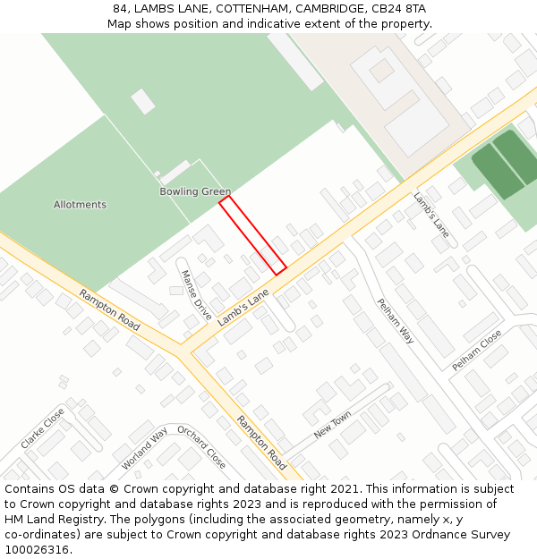 84, LAMBS LANE, COTTENHAM, CAMBRIDGE, CB24 8TA: Location map and indicative extent of plot