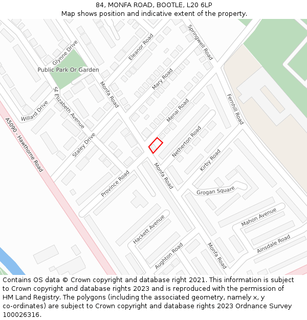 84, MONFA ROAD, BOOTLE, L20 6LP: Location map and indicative extent of plot