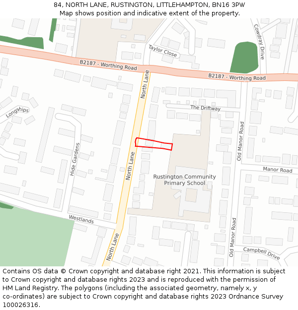 84, NORTH LANE, RUSTINGTON, LITTLEHAMPTON, BN16 3PW: Location map and indicative extent of plot
