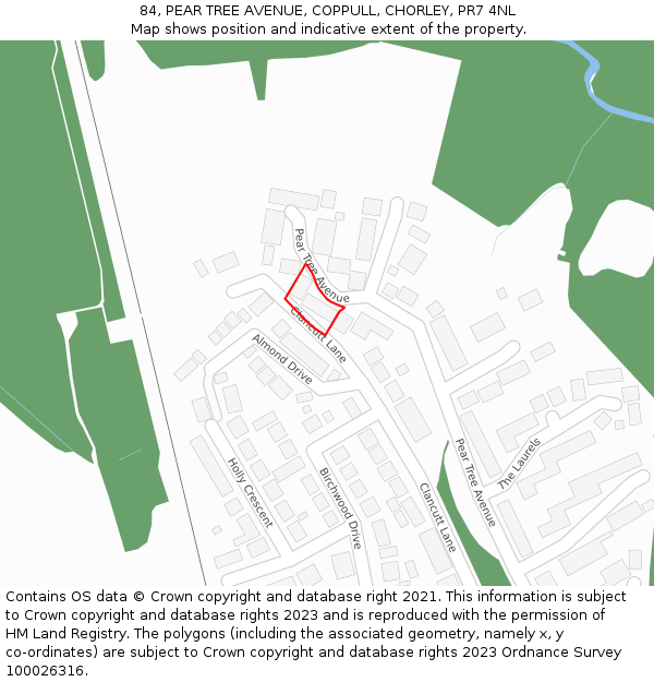 84, PEAR TREE AVENUE, COPPULL, CHORLEY, PR7 4NL: Location map and indicative extent of plot