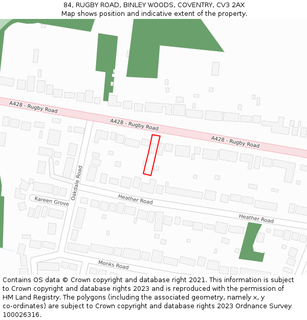 84, RUGBY ROAD, BINLEY WOODS, COVENTRY, CV3 2AX: Location map and indicative extent of plot