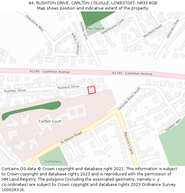 84, RUSHTON DRIVE, CARLTON COLVILLE, LOWESTOFT, NR33 8GB: Location map and indicative extent of plot