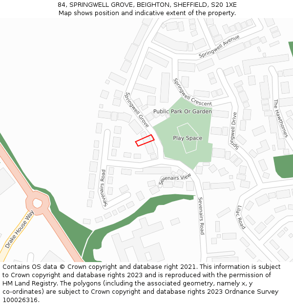 84, SPRINGWELL GROVE, BEIGHTON, SHEFFIELD, S20 1XE: Location map and indicative extent of plot