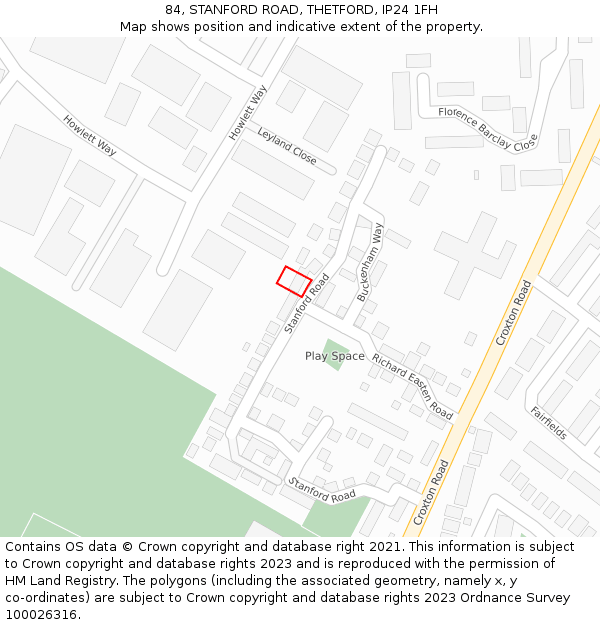 84, STANFORD ROAD, THETFORD, IP24 1FH: Location map and indicative extent of plot