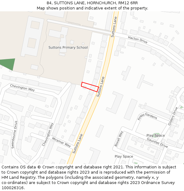 84, SUTTONS LANE, HORNCHURCH, RM12 6RR: Location map and indicative extent of plot