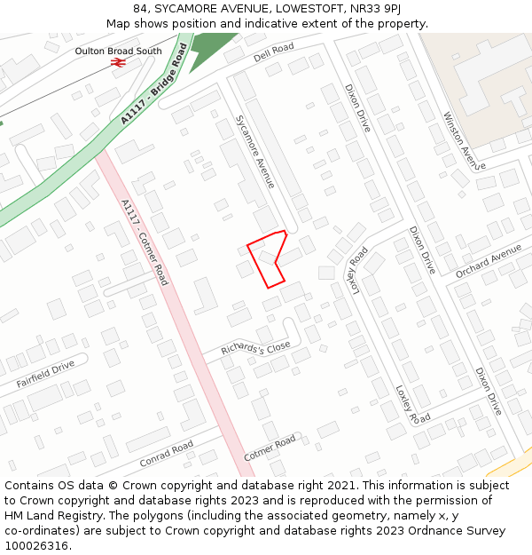 84, SYCAMORE AVENUE, LOWESTOFT, NR33 9PJ: Location map and indicative extent of plot