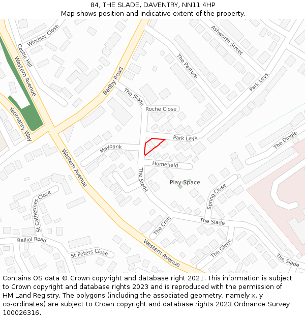 84, THE SLADE, DAVENTRY, NN11 4HP: Location map and indicative extent of plot
