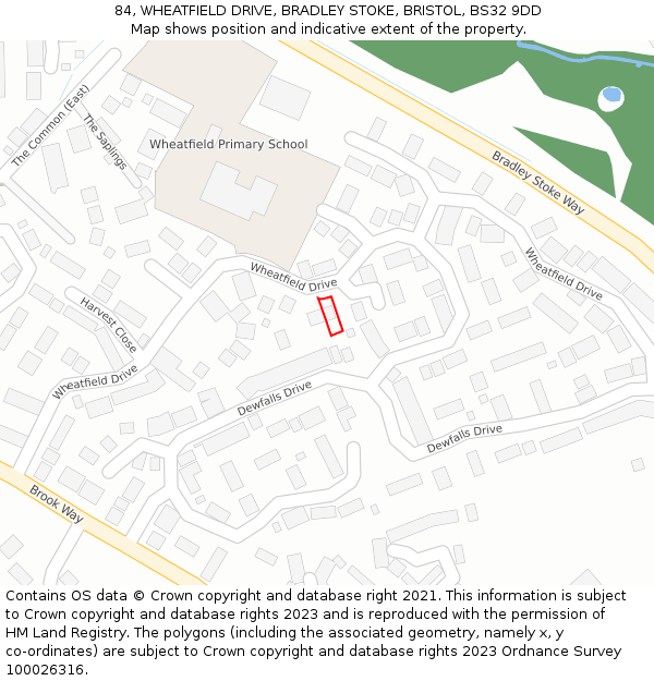 84, WHEATFIELD DRIVE, BRADLEY STOKE, BRISTOL, BS32 9DD: Location map and indicative extent of plot