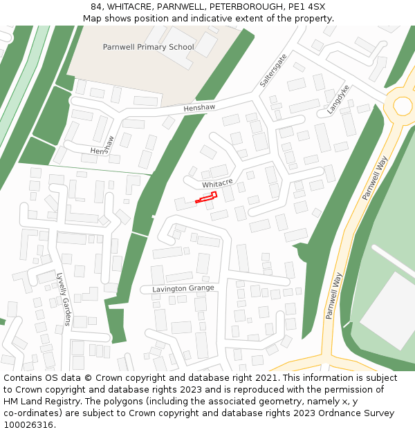 84, WHITACRE, PARNWELL, PETERBOROUGH, PE1 4SX: Location map and indicative extent of plot