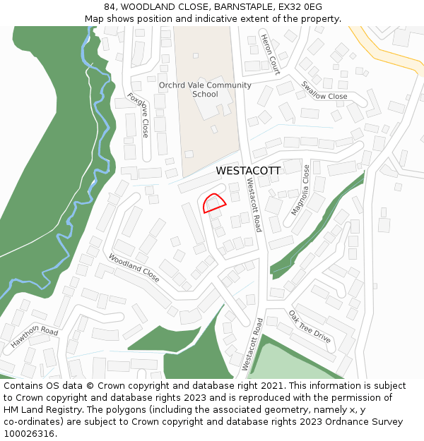 84, WOODLAND CLOSE, BARNSTAPLE, EX32 0EG: Location map and indicative extent of plot
