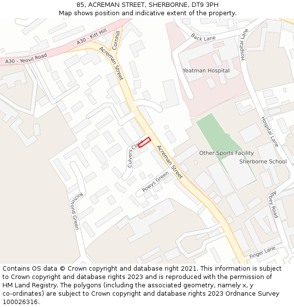 85, ACREMAN STREET, SHERBORNE, DT9 3PH: Location map and indicative extent of plot