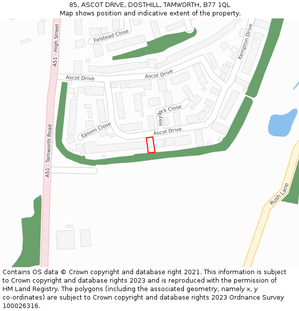 85, ASCOT DRIVE, DOSTHILL, TAMWORTH, B77 1QL: Location map and indicative extent of plot