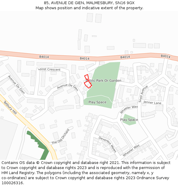 85, AVENUE DE GIEN, MALMESBURY, SN16 9GX: Location map and indicative extent of plot