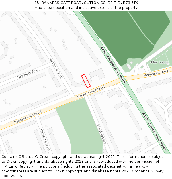 85, BANNERS GATE ROAD, SUTTON COLDFIELD, B73 6TX: Location map and indicative extent of plot