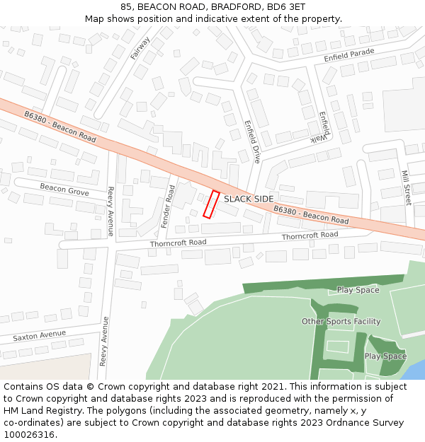 85, BEACON ROAD, BRADFORD, BD6 3ET: Location map and indicative extent of plot