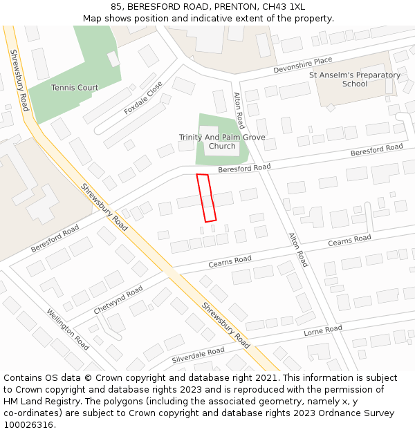 85, BERESFORD ROAD, PRENTON, CH43 1XL: Location map and indicative extent of plot