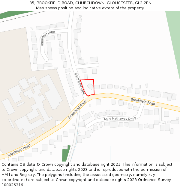 85, BROOKFIELD ROAD, CHURCHDOWN, GLOUCESTER, GL3 2PN: Location map and indicative extent of plot
