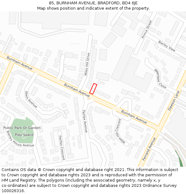 85, BURNHAM AVENUE, BRADFORD, BD4 6JE: Location map and indicative extent of plot