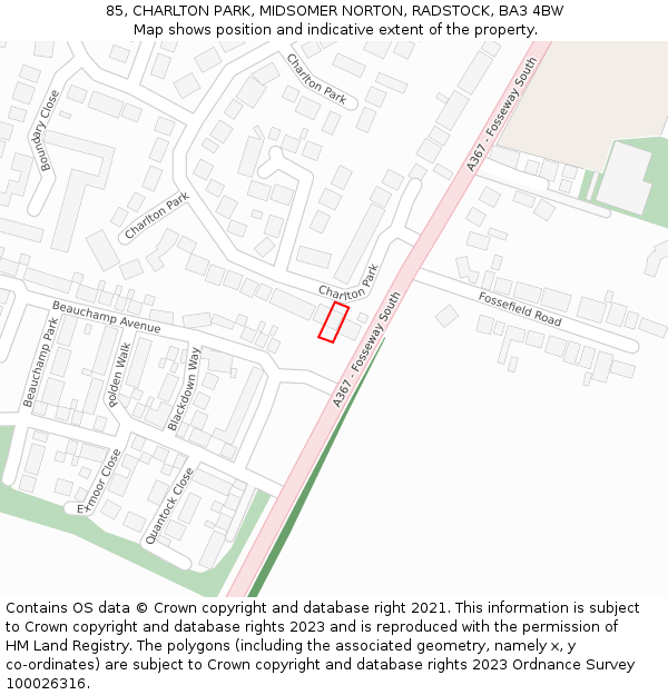 85, CHARLTON PARK, MIDSOMER NORTON, RADSTOCK, BA3 4BW: Location map and indicative extent of plot