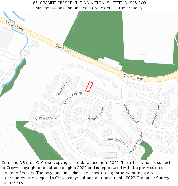 85, CRAMFIT CRESCENT, DINNINGTON, SHEFFIELD, S25 2XQ: Location map and indicative extent of plot
