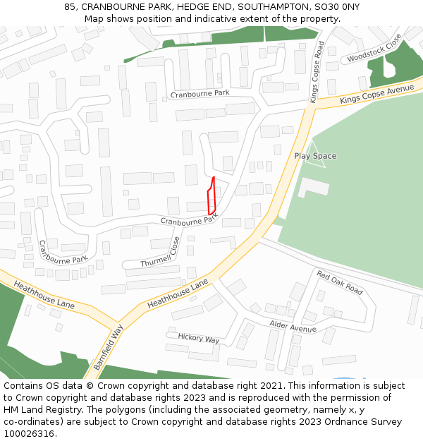85, CRANBOURNE PARK, HEDGE END, SOUTHAMPTON, SO30 0NY: Location map and indicative extent of plot
