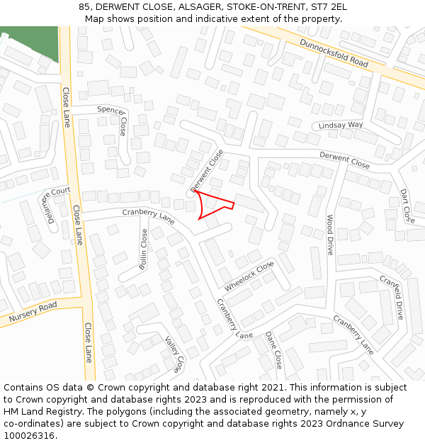 85, DERWENT CLOSE, ALSAGER, STOKE-ON-TRENT, ST7 2EL: Location map and indicative extent of plot