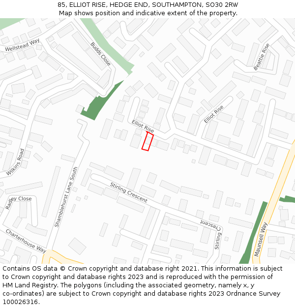 85, ELLIOT RISE, HEDGE END, SOUTHAMPTON, SO30 2RW: Location map and indicative extent of plot