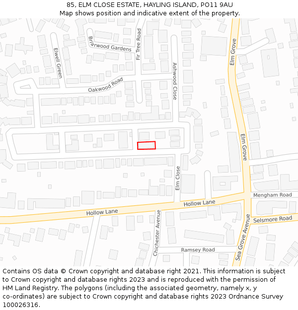 85, ELM CLOSE ESTATE, HAYLING ISLAND, PO11 9AU: Location map and indicative extent of plot