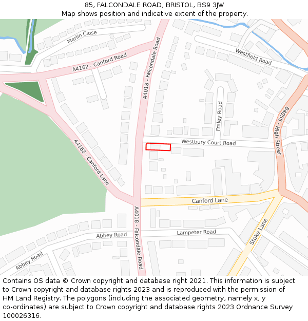 85, FALCONDALE ROAD, BRISTOL, BS9 3JW: Location map and indicative extent of plot