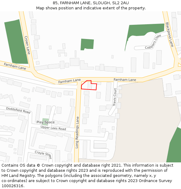 85, FARNHAM LANE, SLOUGH, SL2 2AU: Location map and indicative extent of plot