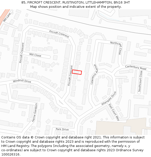 85, FIRCROFT CRESCENT, RUSTINGTON, LITTLEHAMPTON, BN16 3HT: Location map and indicative extent of plot