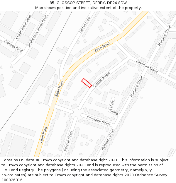 85, GLOSSOP STREET, DERBY, DE24 8DW: Location map and indicative extent of plot