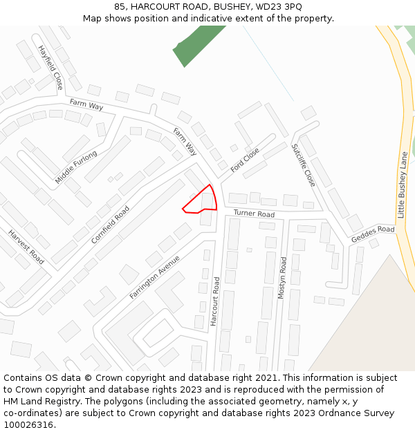 85, HARCOURT ROAD, BUSHEY, WD23 3PQ: Location map and indicative extent of plot