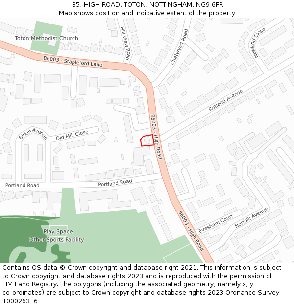85, HIGH ROAD, TOTON, NOTTINGHAM, NG9 6FR: Location map and indicative extent of plot