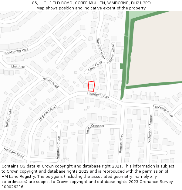 85, HIGHFIELD ROAD, CORFE MULLEN, WIMBORNE, BH21 3PD: Location map and indicative extent of plot